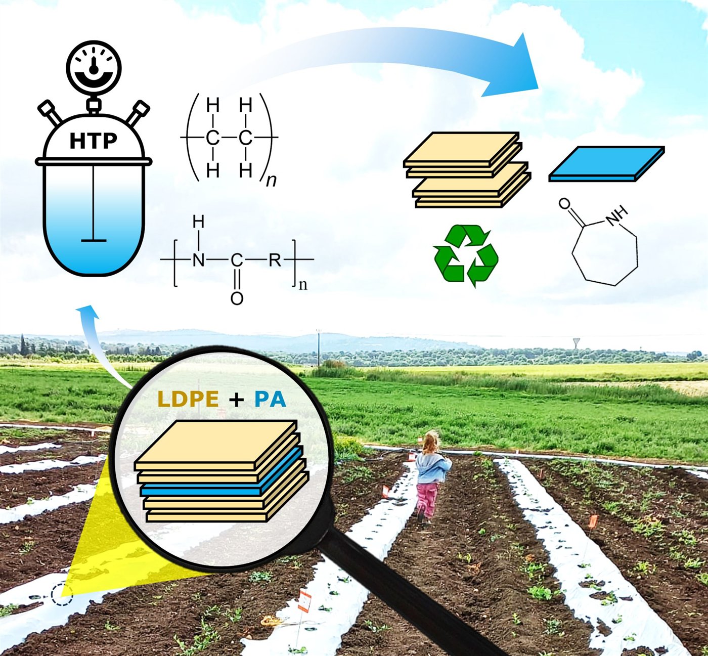 Multilayer agricultural film of LDPE and polyamide processed hydrothermally into recyclable polyethylene and caprolactam